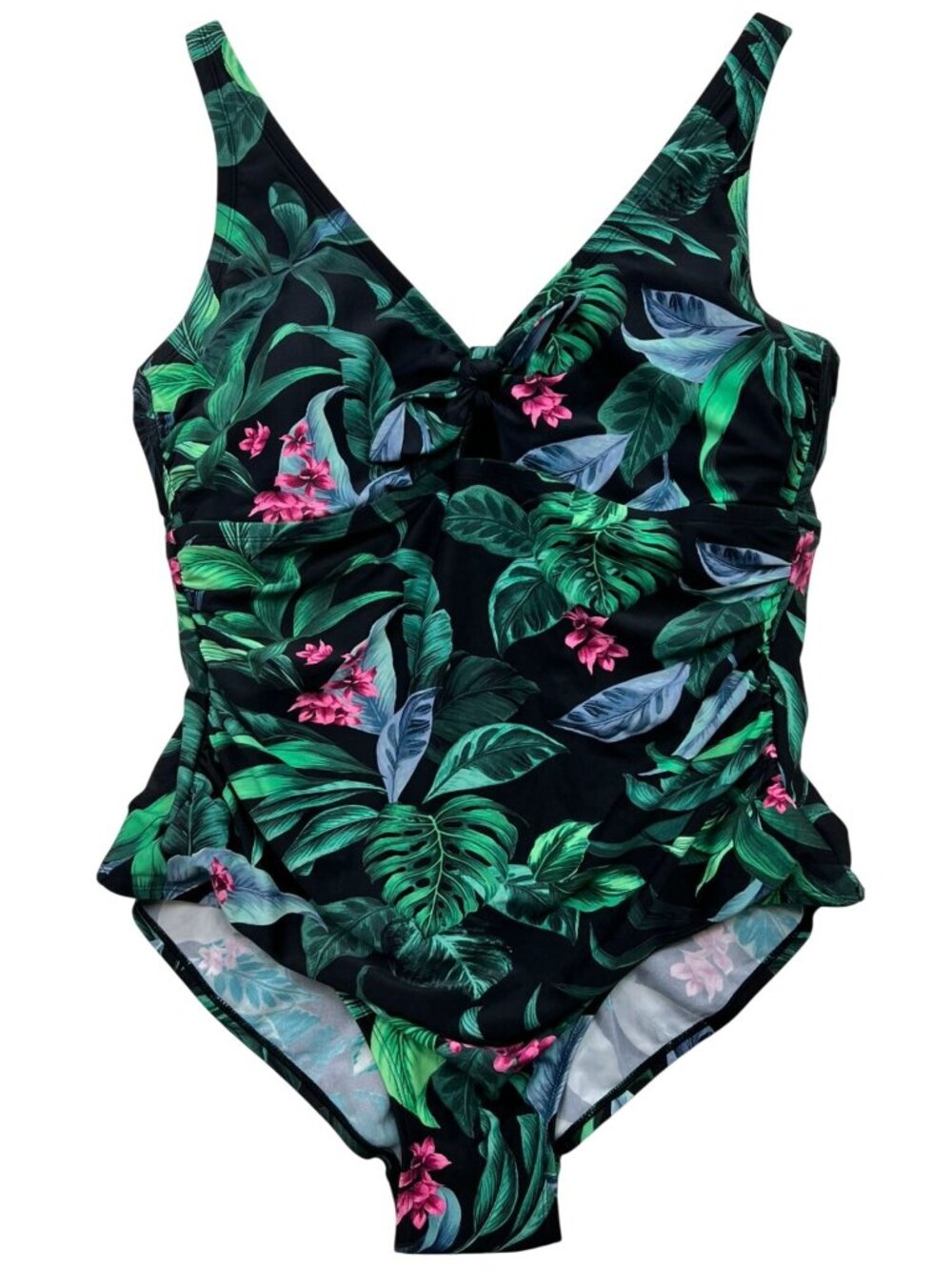 Kona Sol Womens Tie-Front One Piece Swimsuit Sleeveless Sz 20 Black Green Floral